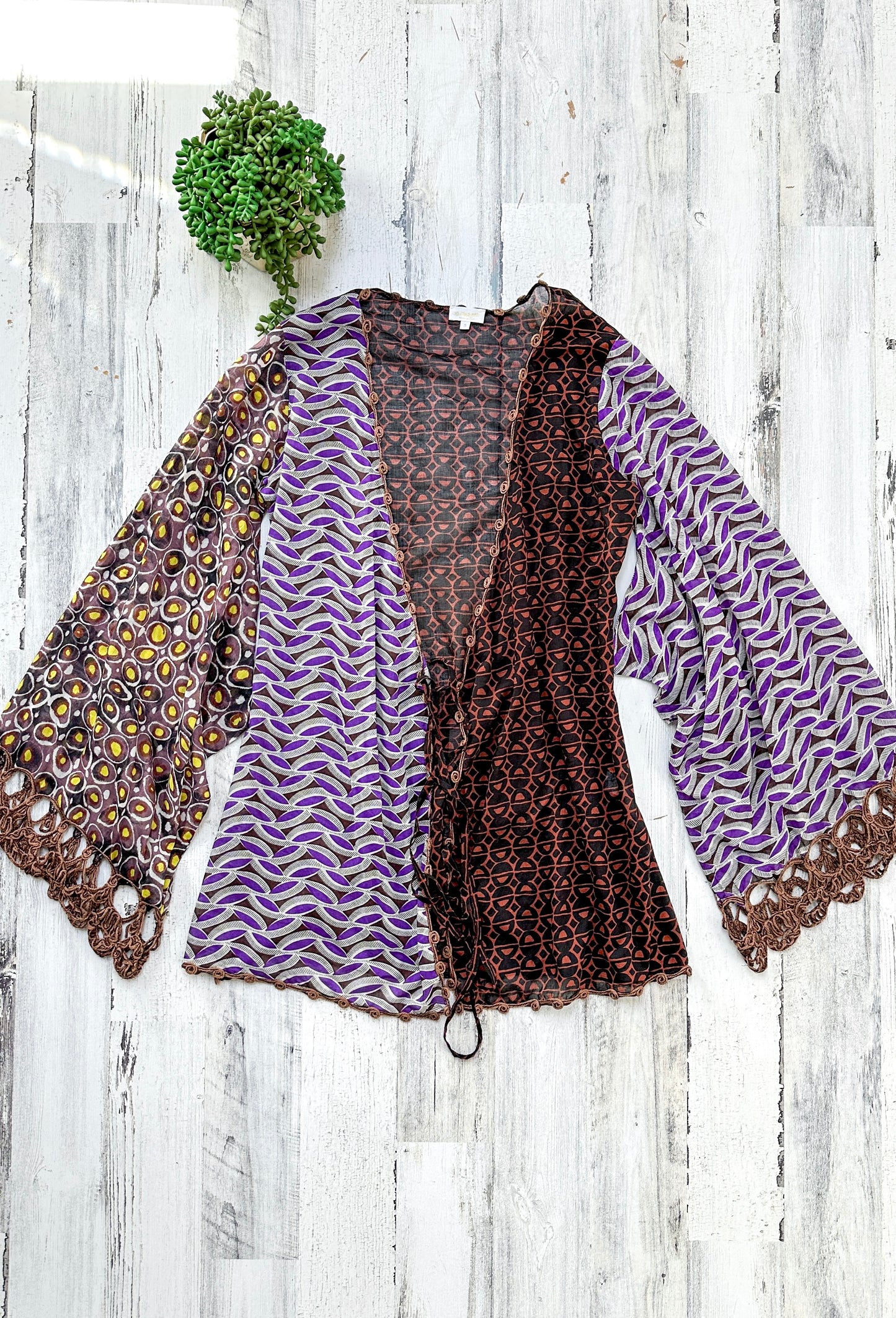 Emamó Purple & Brown Crochet Trim Tie Front Cover-Up Top (S)