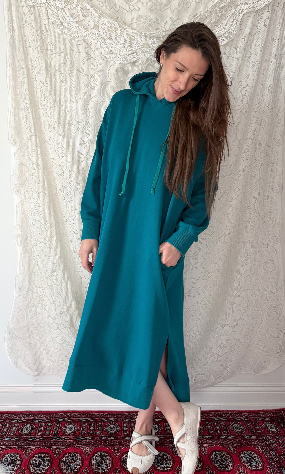 Nap Loungewear Pullover Hoodie Dress in Teal Blue (M)