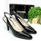 Vintage Chanel Black Leather Cap Toe Slingback Heels (38)