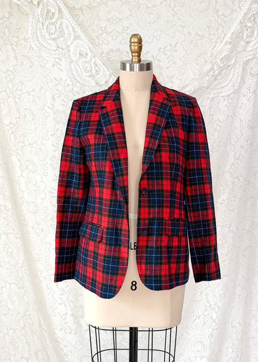 Vintage Pendleton Red Tartan Plaid Pure Virgin Wool Blazer Made in USA