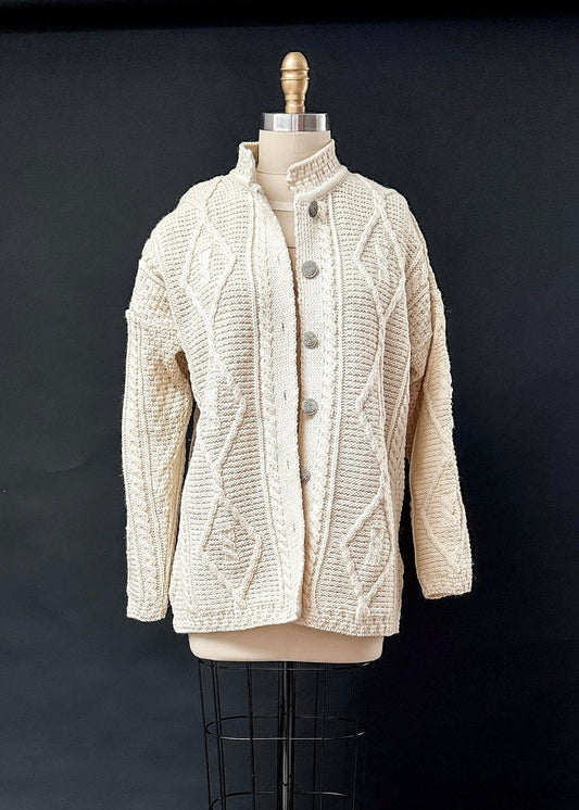 Vintage 80s Ireland Carraig Donn Aran Cream Pure New Wool Cardigan Sweater