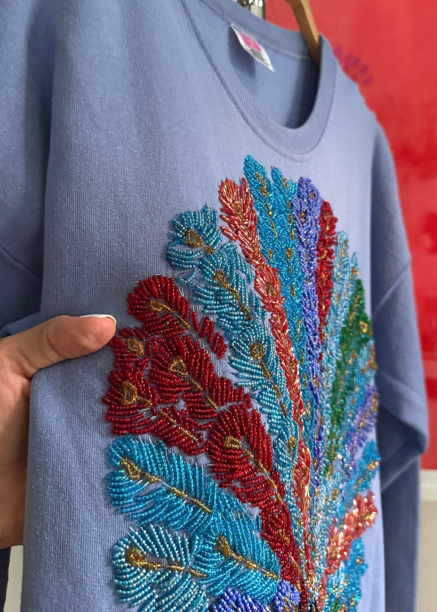 Vintage One-of-a-Kind Peacock Bead Embroidered Hanes Pullover Fleece Sweatshirt (L)