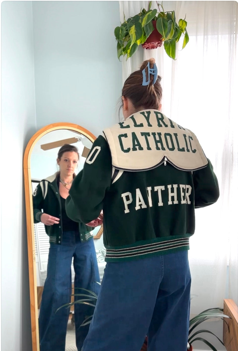 Vintage 70s Elyria Catholic Panthers Green Varsity Lettermen Jacket (S)