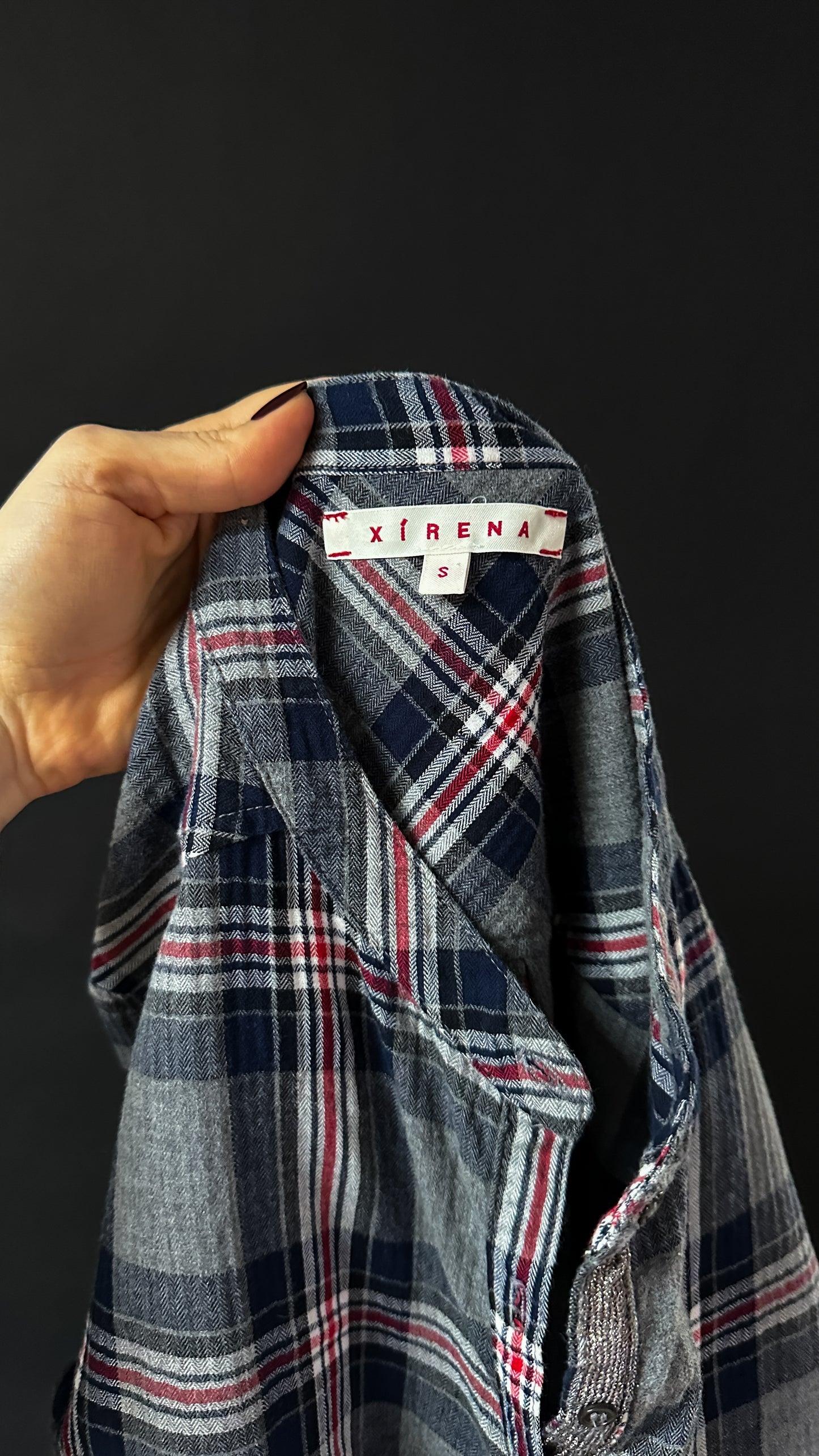 Xirena Navy Gray and Red Plaid Flannel 1/4 Button Down Top (S)