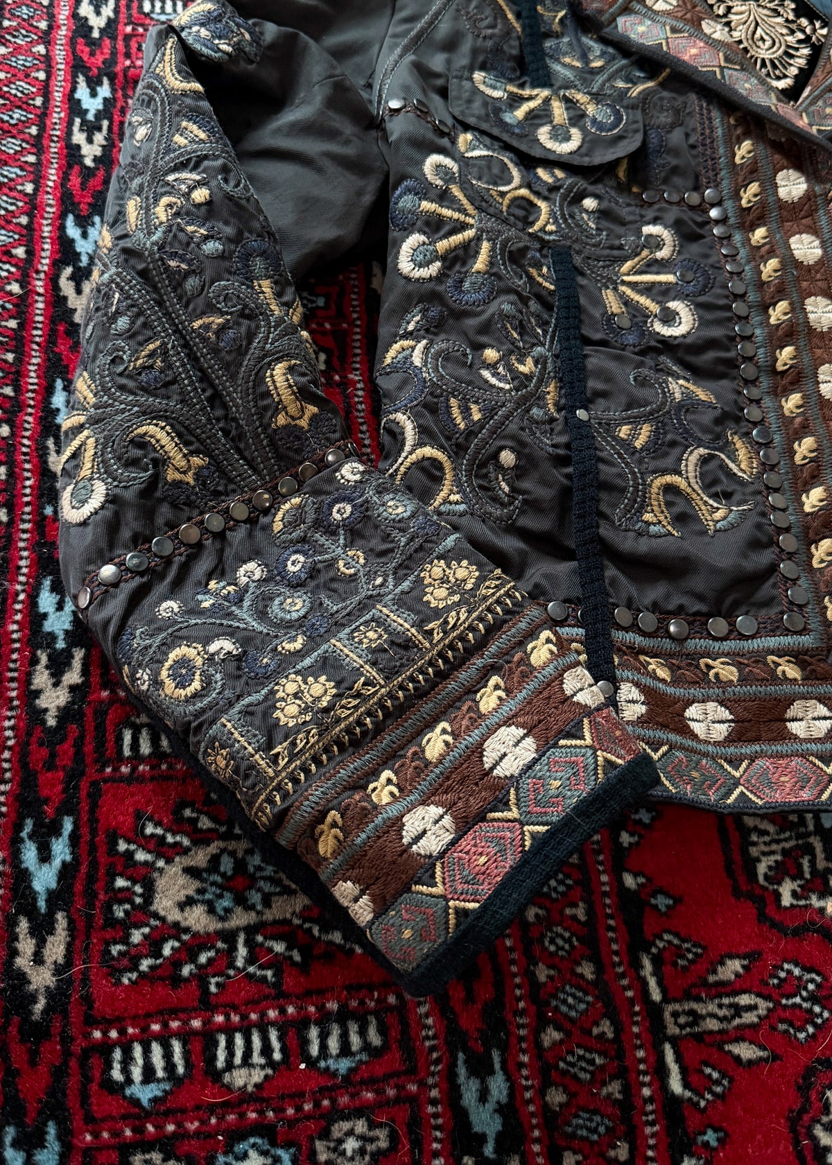 BIYA by Johnny Was Olive Brown Embroidered Studded Boho Moto Jacket