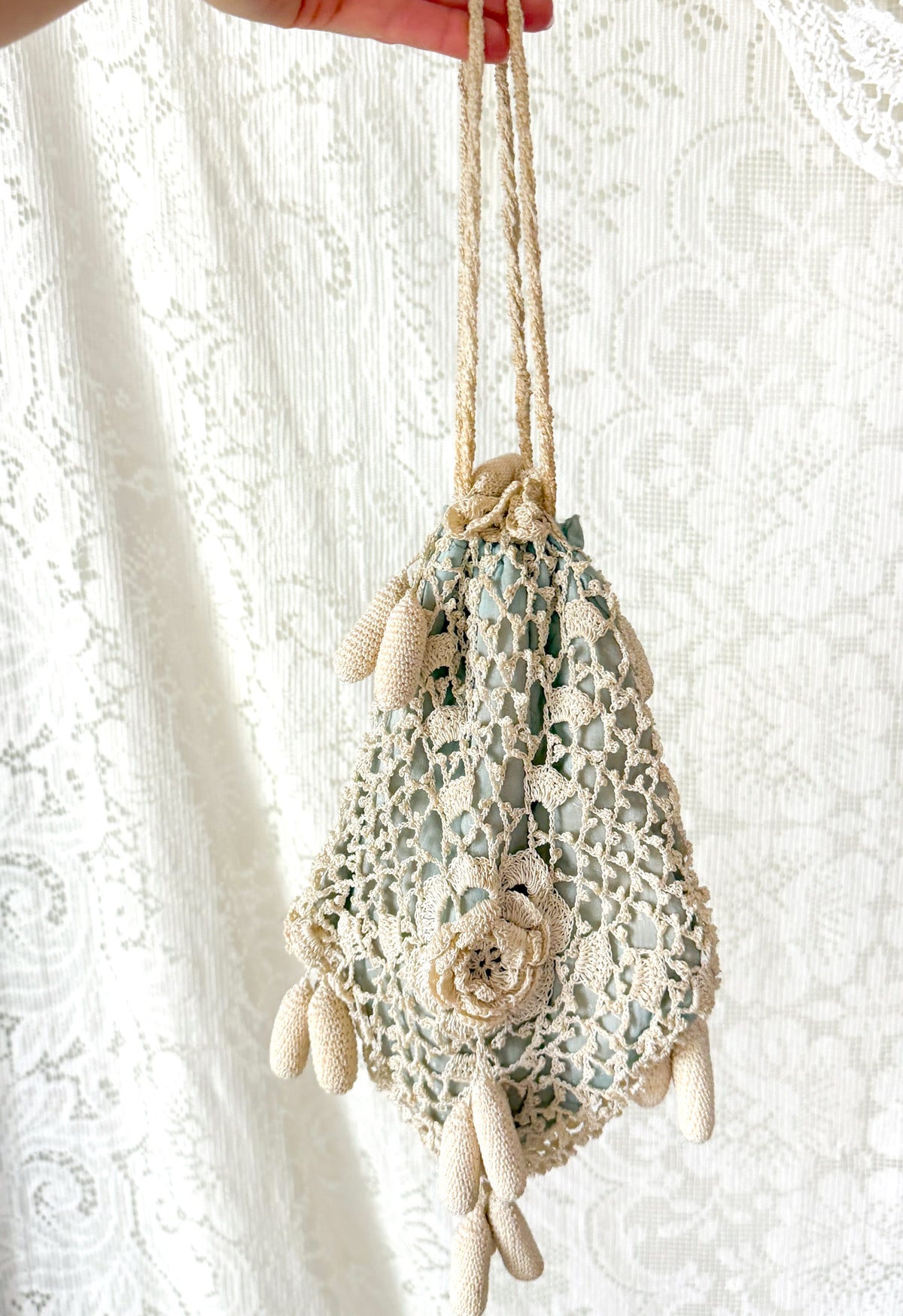 Antique Edwardian Irish Crochet Reticule Purse Sea Foam Green Lined c. 1900–1915