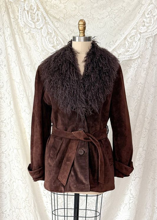 Vintage Chocolate Brown Suede Leather & Mongolian Lamb Fur Collar Penny Lane Coat (M)