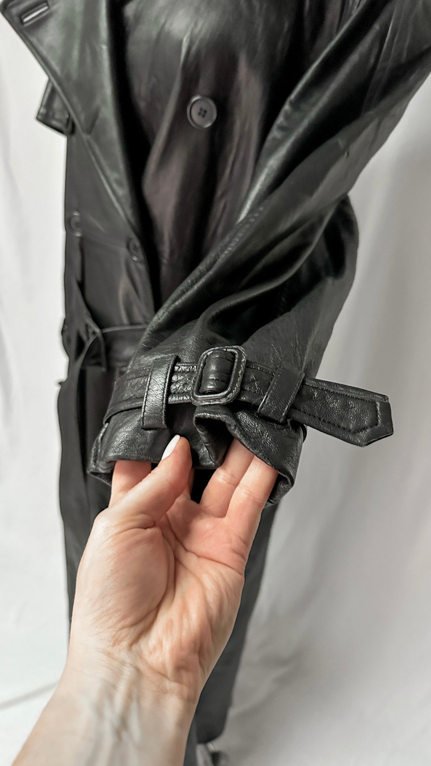 Vintage 90's Donna Karan Essentials Black Leather Long Trench Coat (L/XL)