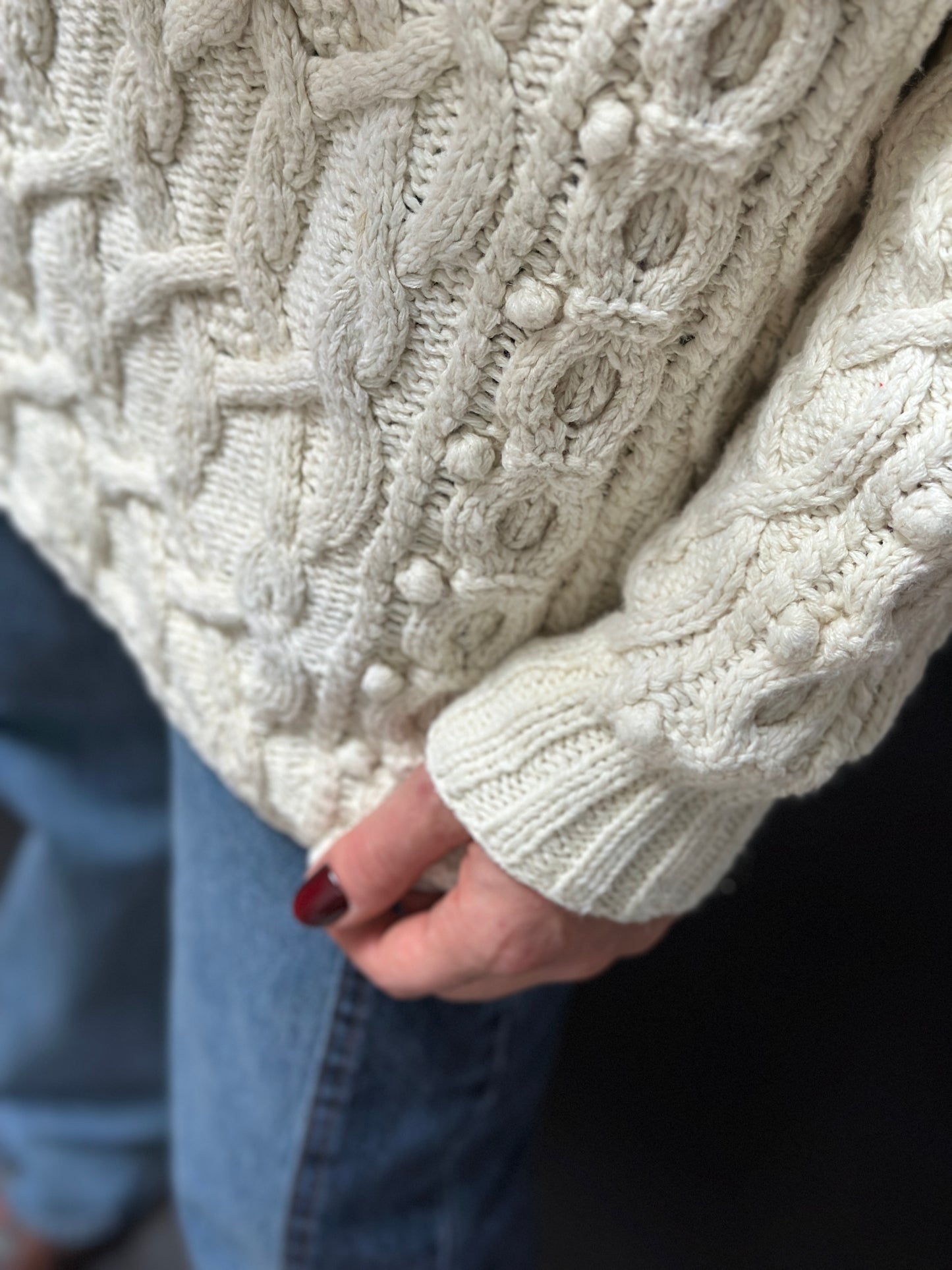 Yarnworks Handknit Cozy Cream Heavy Knit Roll Neck Sweater (M)