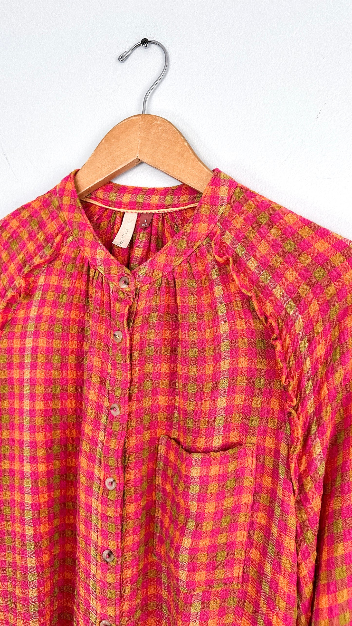 Anthropologie Pilcro Breezy Blouse in Pink Orange Green Gingham (S)