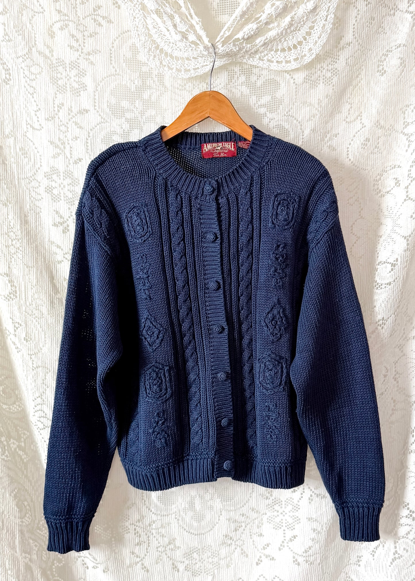 Vintage 90s American Eagle For Her Navy Embroidered Cardigan Sweater (M)
