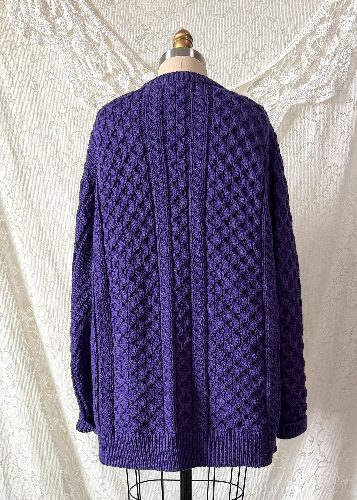 Vintage Aran Crafts Ireland Purple Merino Wool Cable Knit Cardigan (XL)