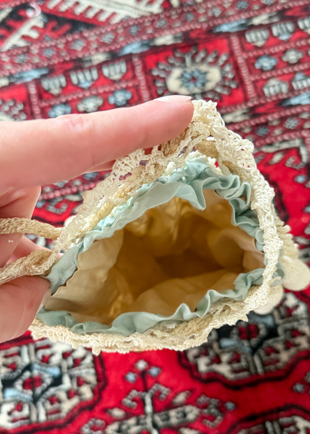 Antique Edwardian Irish Crochet Reticule Purse Sea Foam Green Lined c. 1900–1915