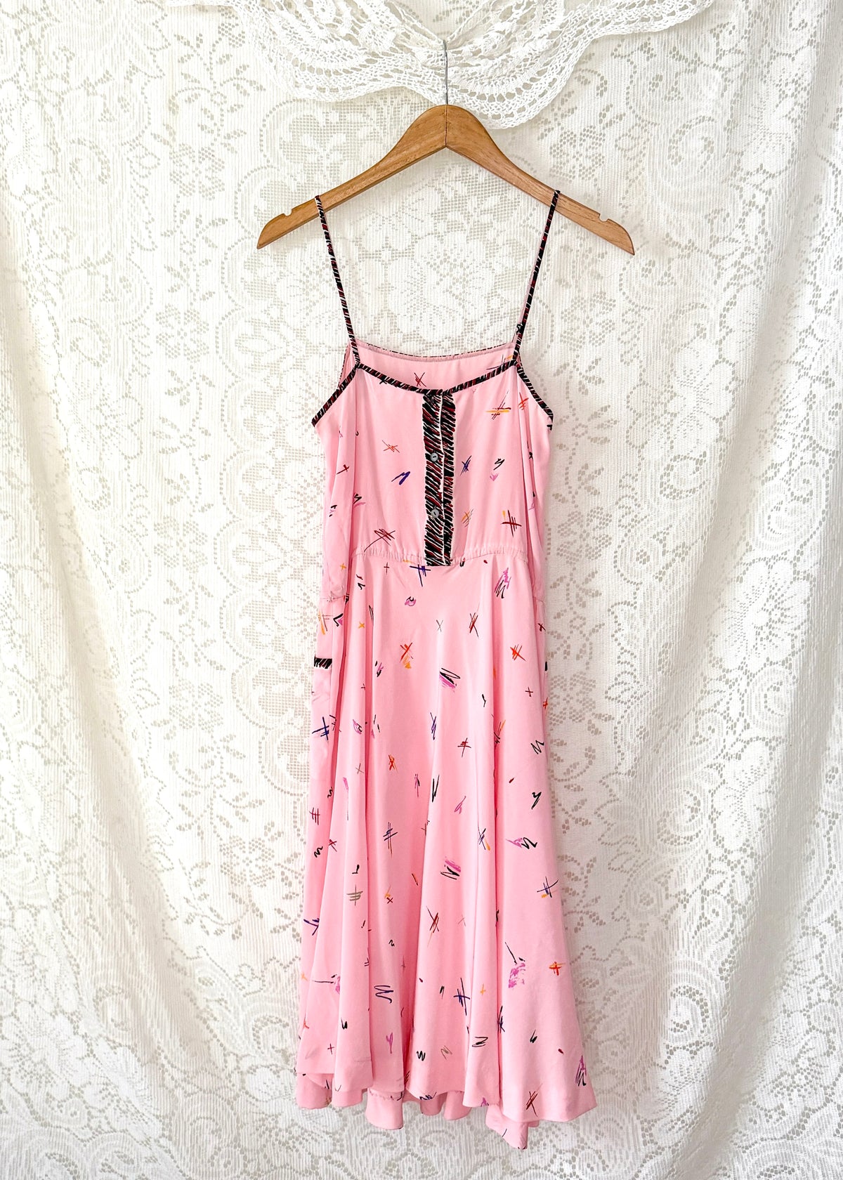 Vintage 1980s Jack Mulqueen Pink Silk Abstract Print Dress (6)