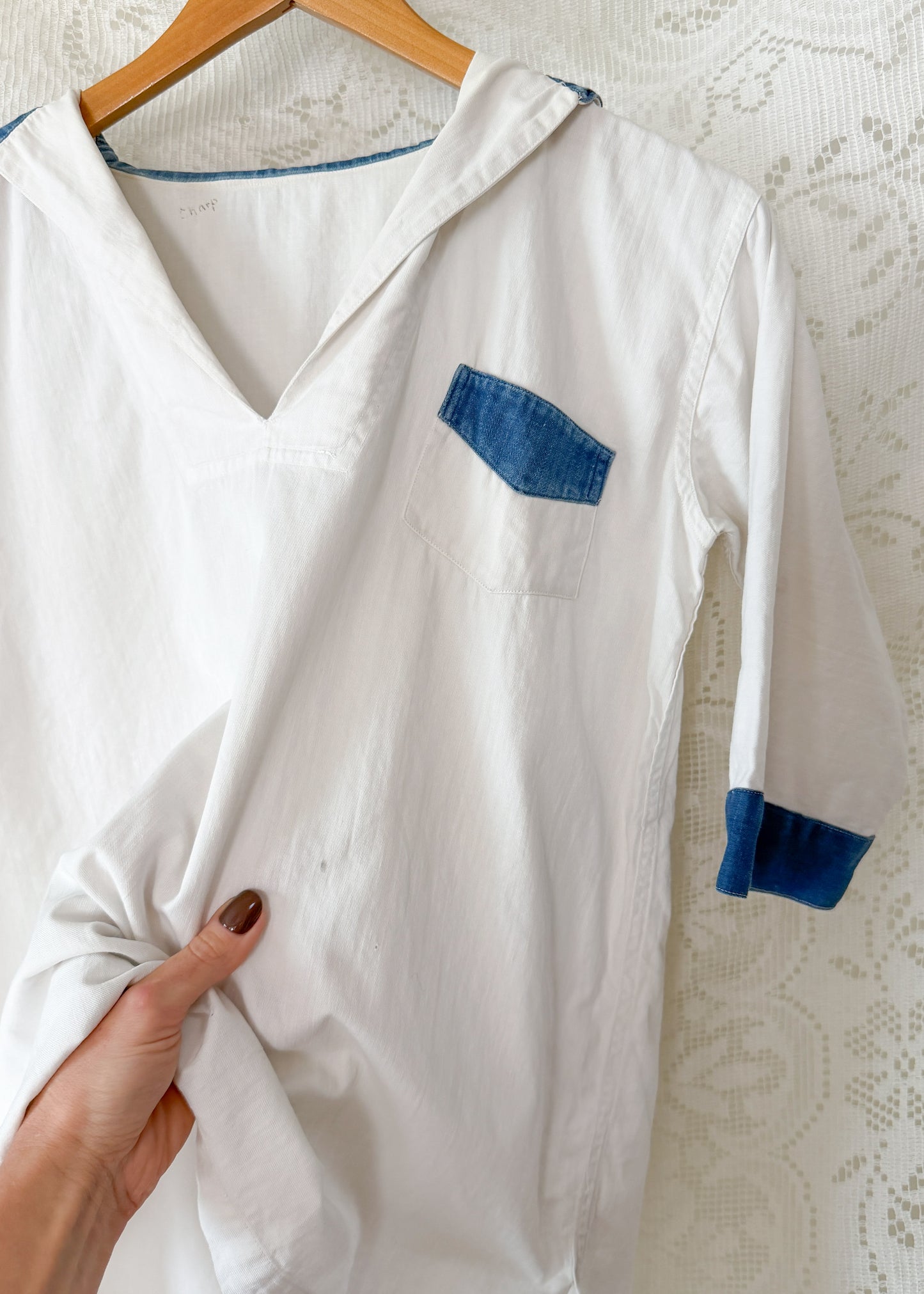 1940s White Nautical Sailor Blouse with Chambray Trim