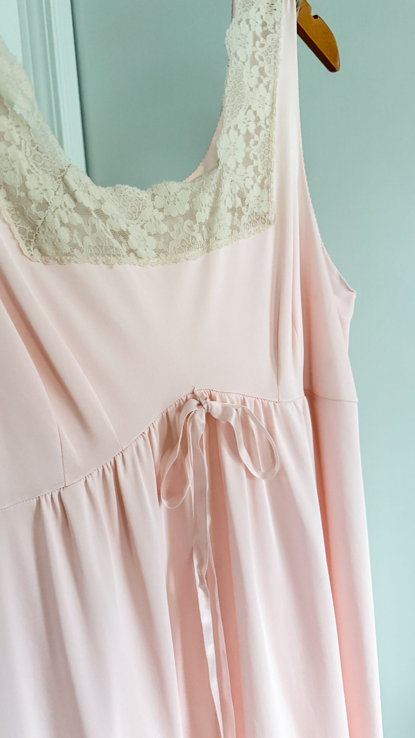 Vintage 90s Baby Pink Square Neck Tie Front Full Length Nighty Sleepwear