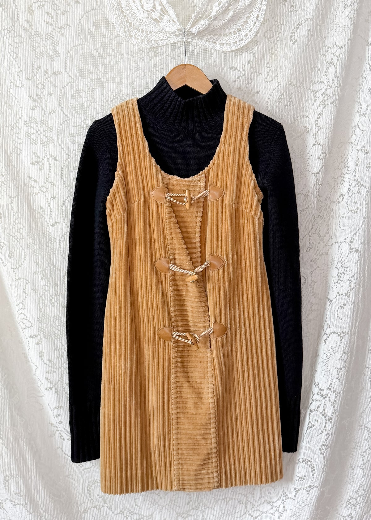 Vintage 70s John Meyer Tan Corduroy Toggle Jumper Dress