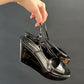 Jil Sander Black Patent Leather Square Toe Sandal Wedge Heels (38.5 or 8/8.5)