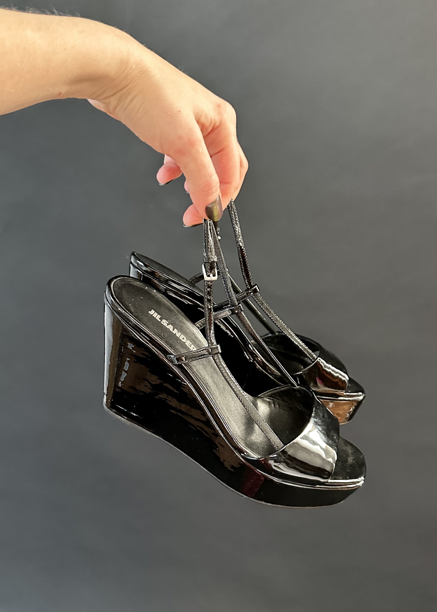 Jil Sander Black Patent Leather Square Toe Sandal Wedge Heels (38.5 or 8/8.5)