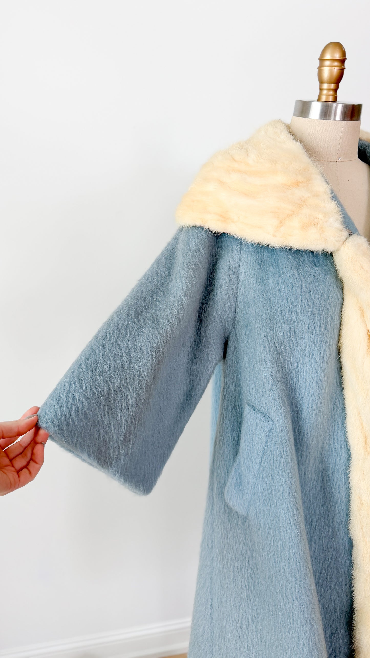 Vintage 60s Lilli Ann Powder Blue Cream Mink Collar Swing Coat