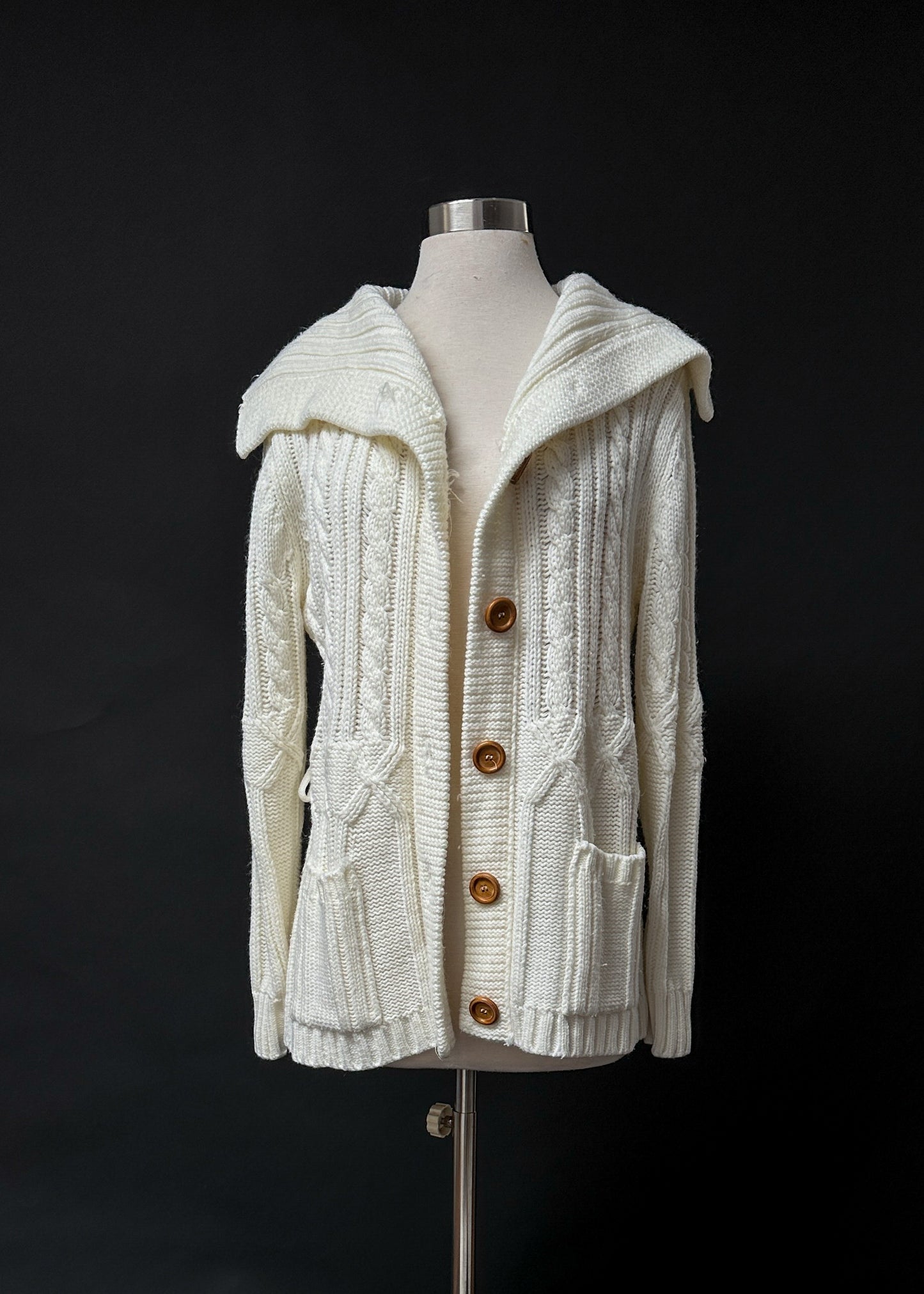 Vintage 70s Cream Folded Collar Thick Knit Cardigan (S/M)