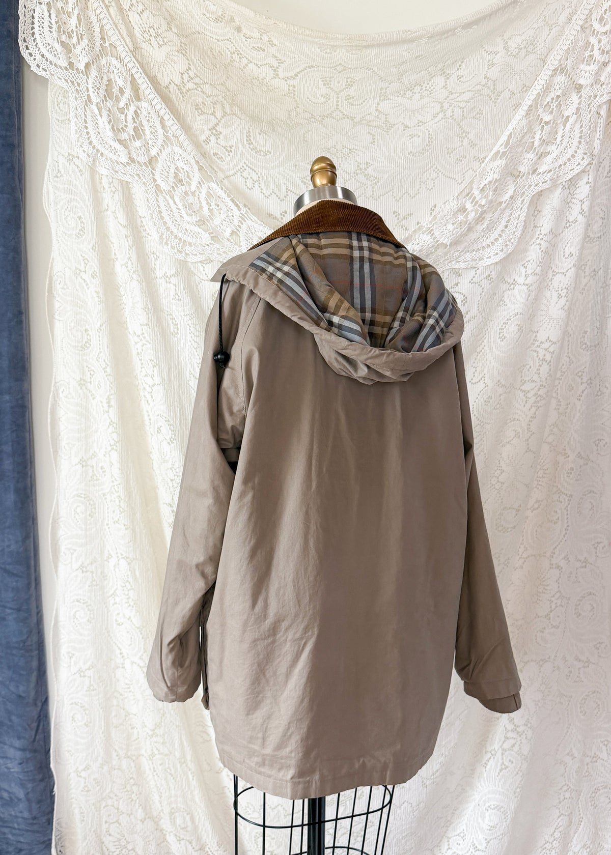 Vintage 90s Burberrys Taupe Khaki  Plaid Lined Field Coat with Hood Made in England