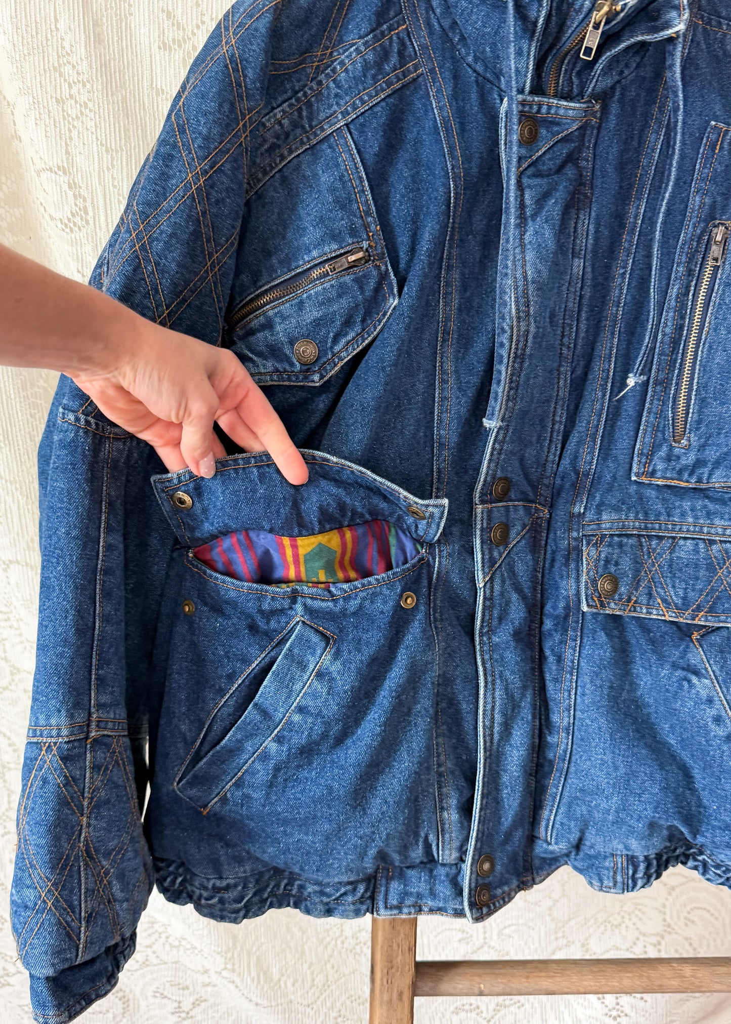 Vintage 90s In Crowd Denim Ski Jacket Southwestern Lined Oversized Coat