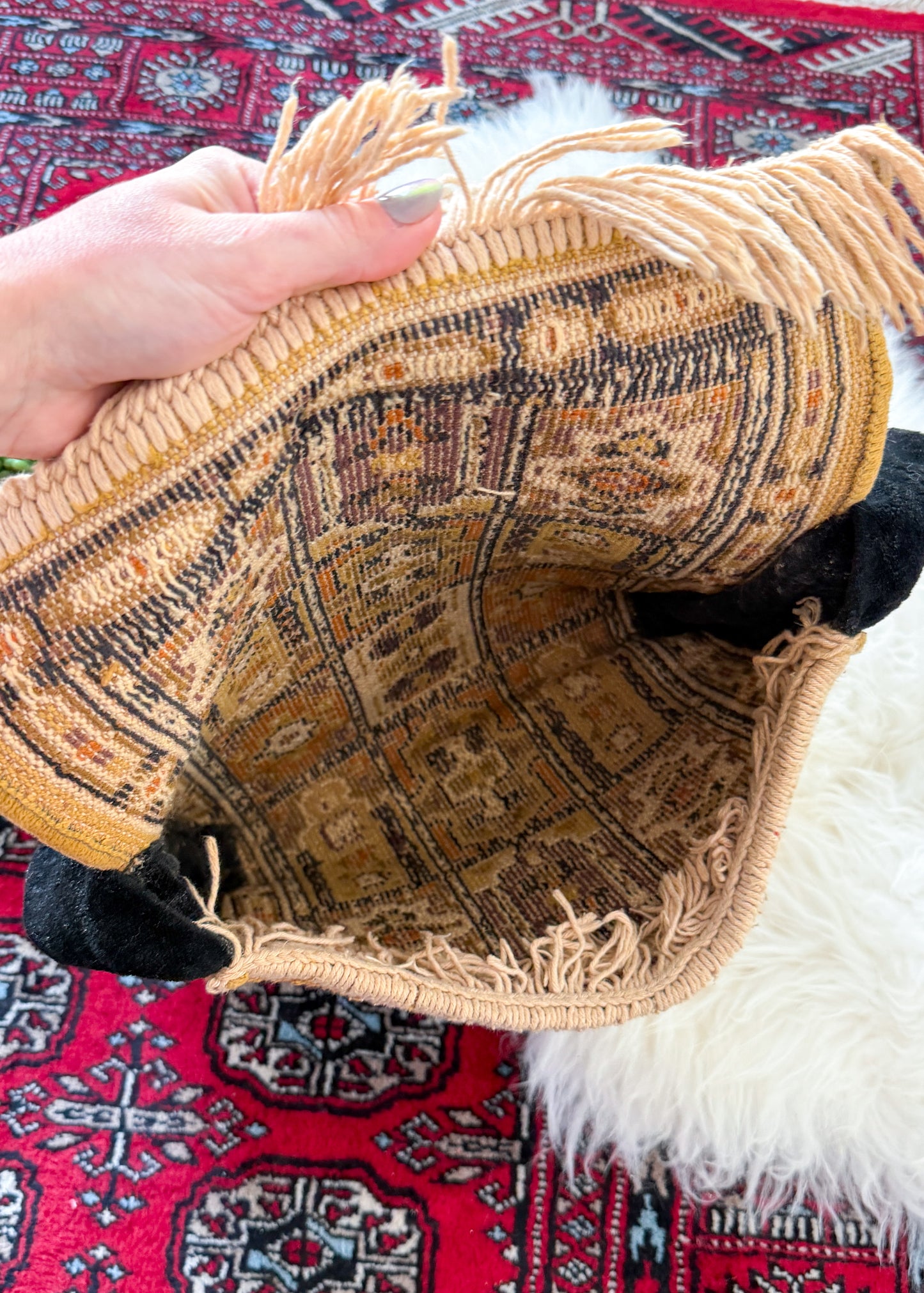 Vintage 70s Golden Yellow Brown Tapestry Fringe Trim Shoulder Purse