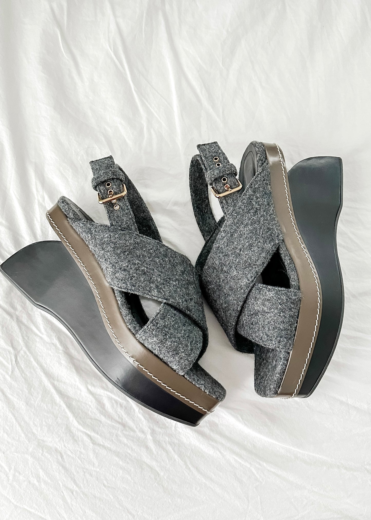 Marni Gray Wool Felt Cross Front Square Toe Sculptural Wedges (39 or 8.5)