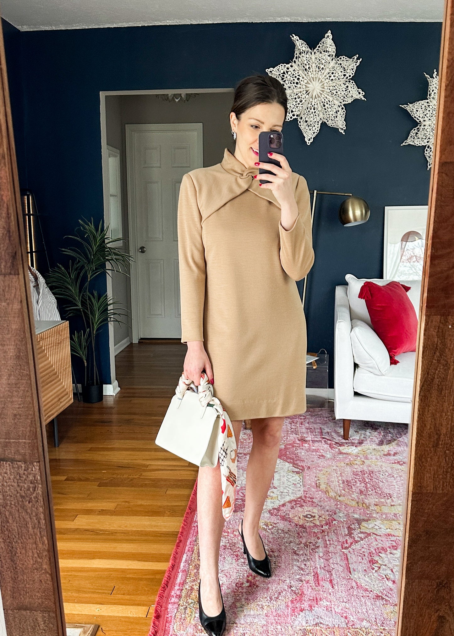 Vintage 90s Dominic Rompollo Timeless Camel Brown Shift Dress (8)