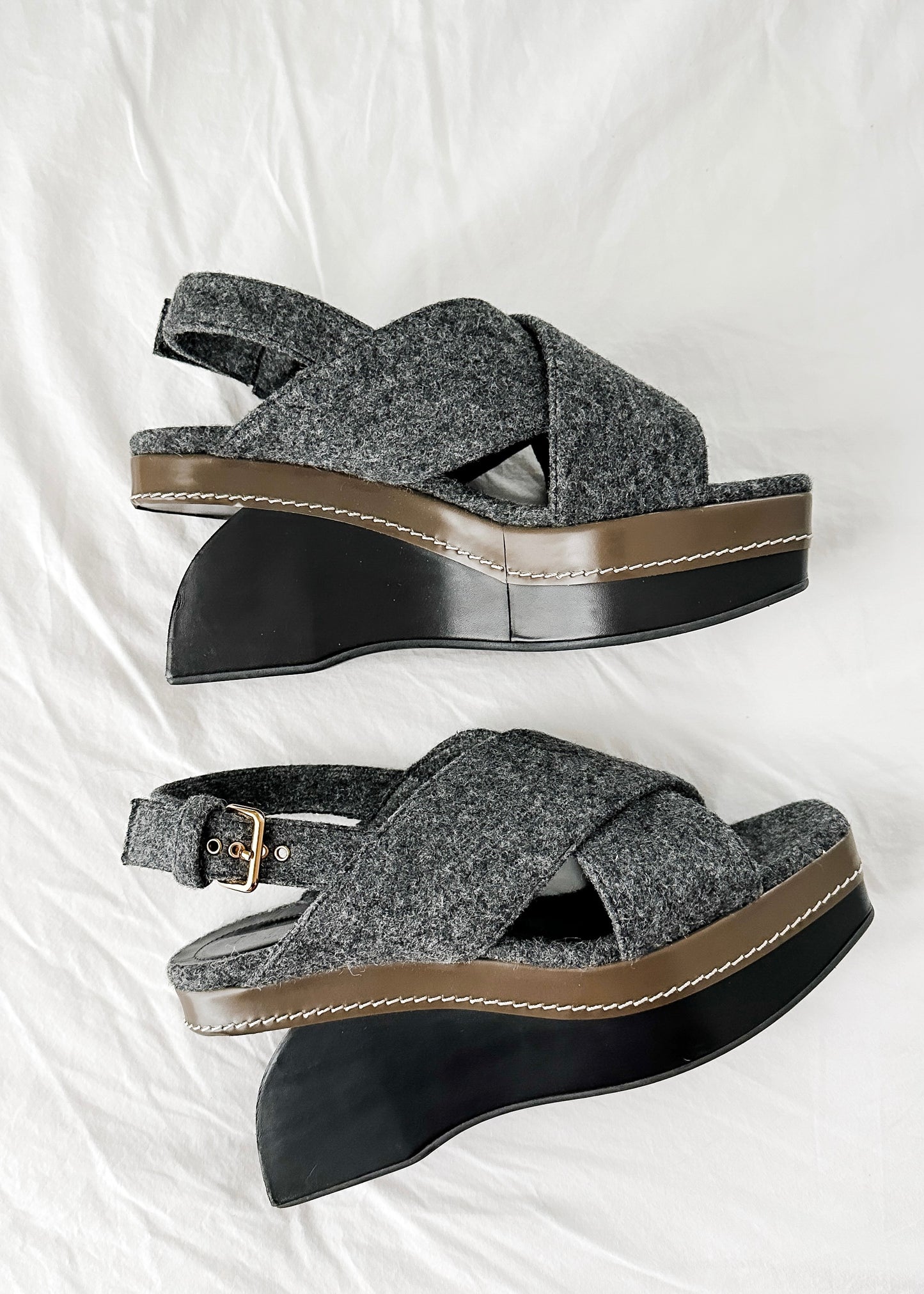 Marni Gray Wool Felt Cross Front Square Toe Sculptural Wedges (39 or 8.5)