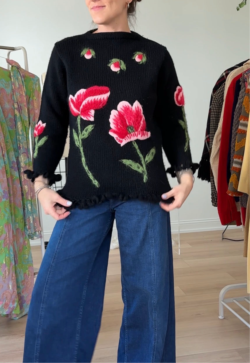 Vintage 60s 70s Mr. Thompson, Please! 100% Virgin Wool Hand Knit Floral Top (M)