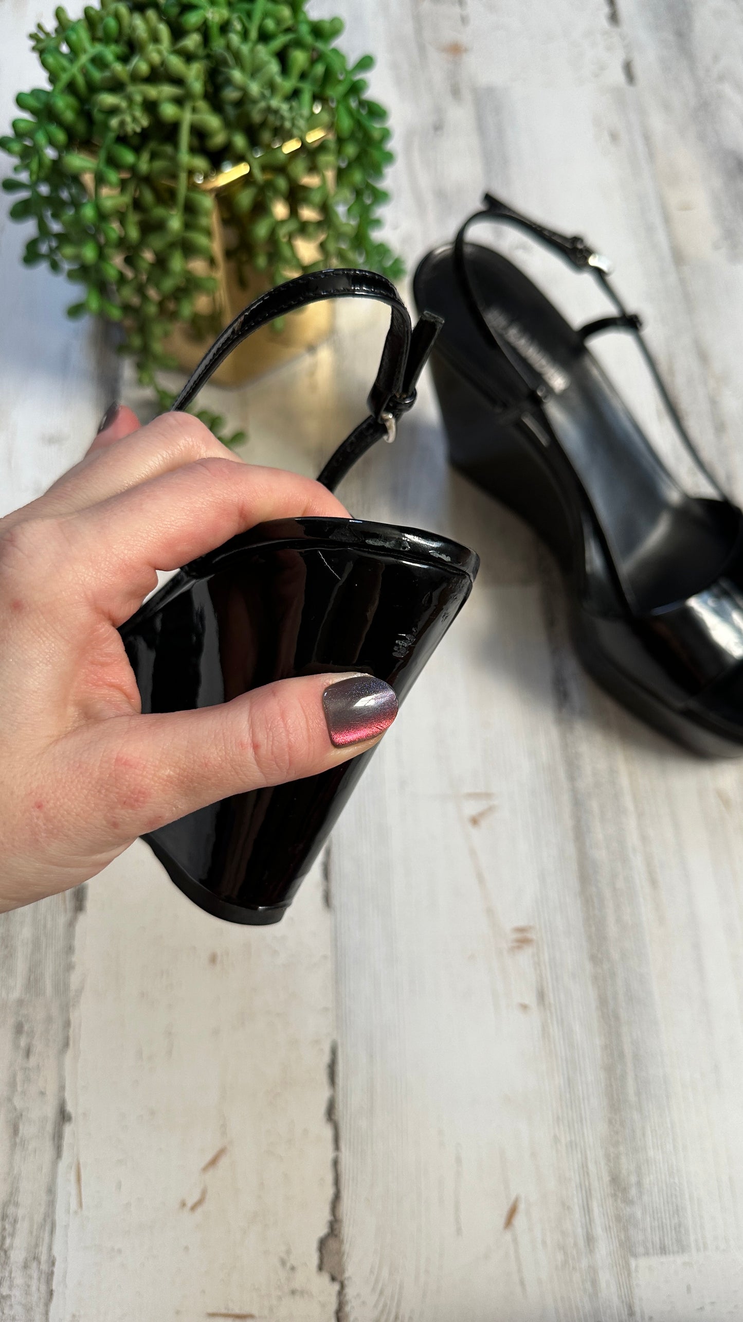 Jil Sander Black Patent Leather Square Toe Sandal Wedge Heels (38.5 or 8/8.5)