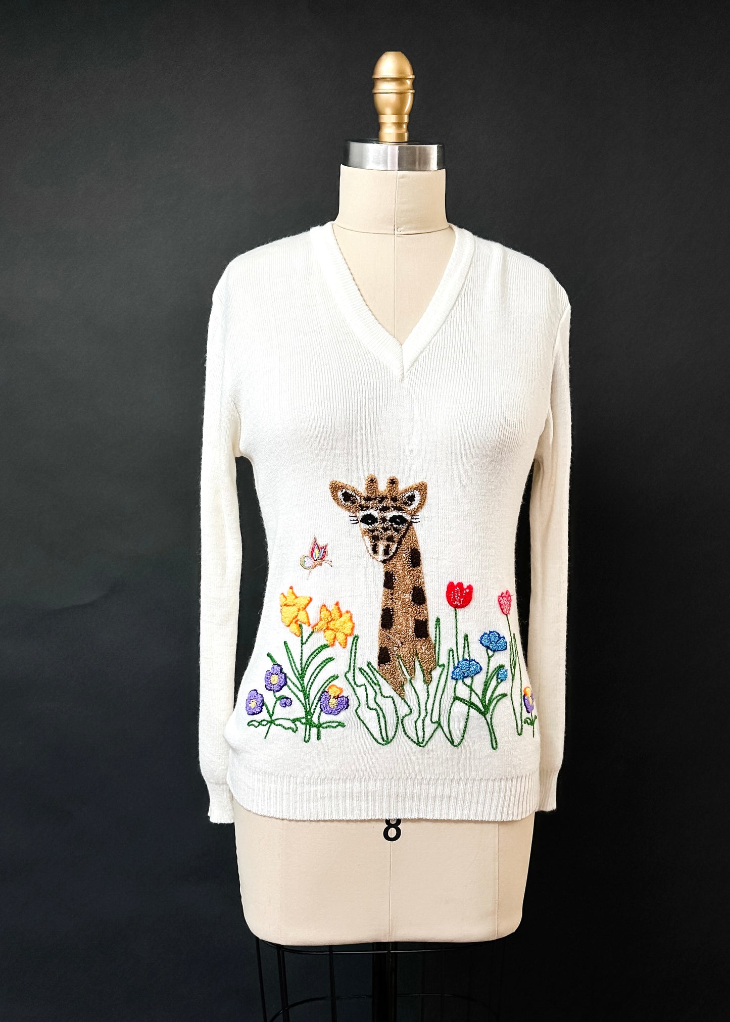 Vintage 60s/70s Cyn Les Shirlee Cream Giraffe Embroidered Knit Top (S)