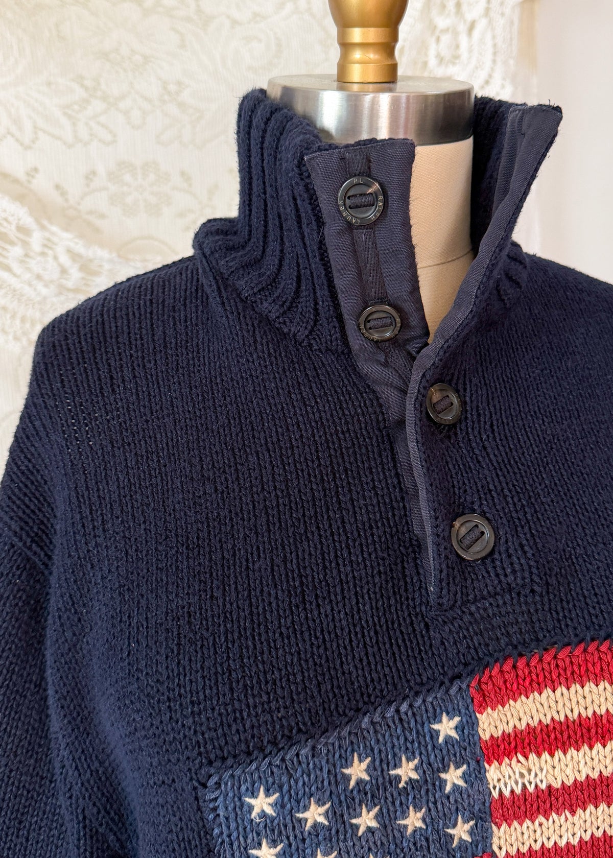 Vintage 00s Polo Ralph Lauren Navy RL67 American Flag Cotton Linen Mock Neck Button Sweater