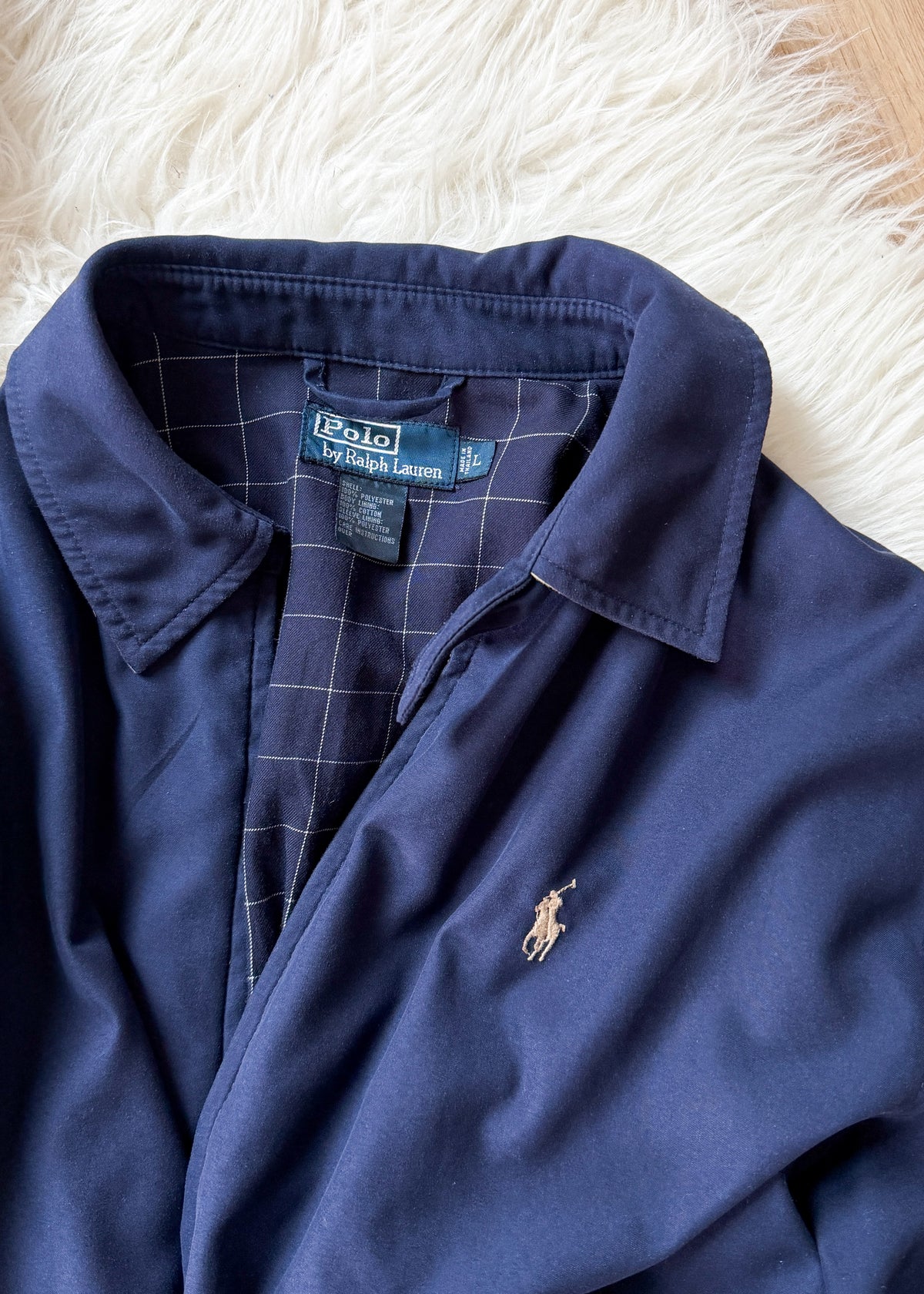 Vintage 90s Polo Ralph Lauren Classic Navy Harrington Jacket Windowpane Lining (L)