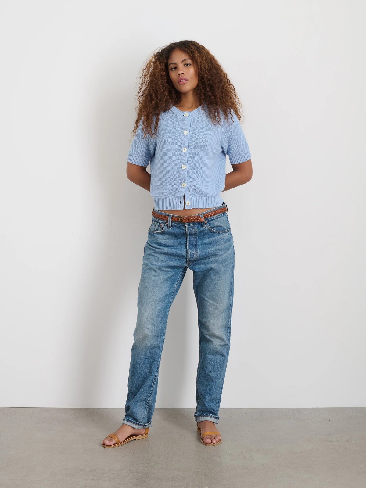 Alex Mill Elle Short Sleeve Knit Cardigan Sweater in Hydranga Blue (XL)