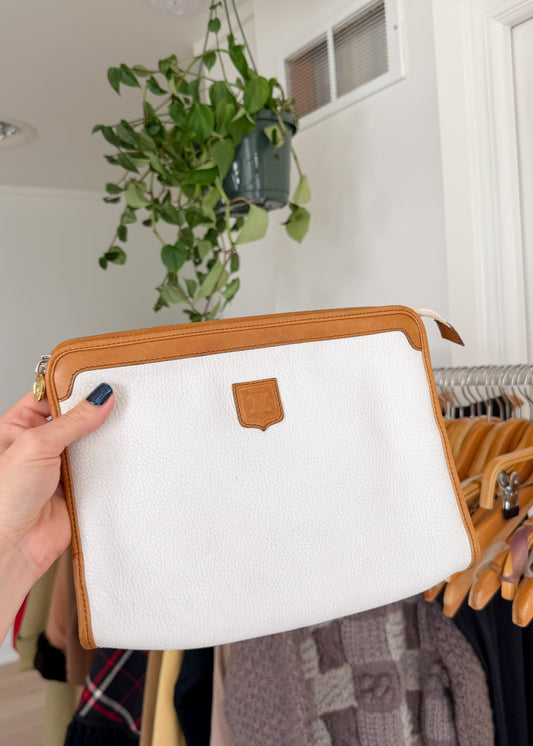 Vintage 80s Celine White & Brown Leather Pouch Clutch Purse