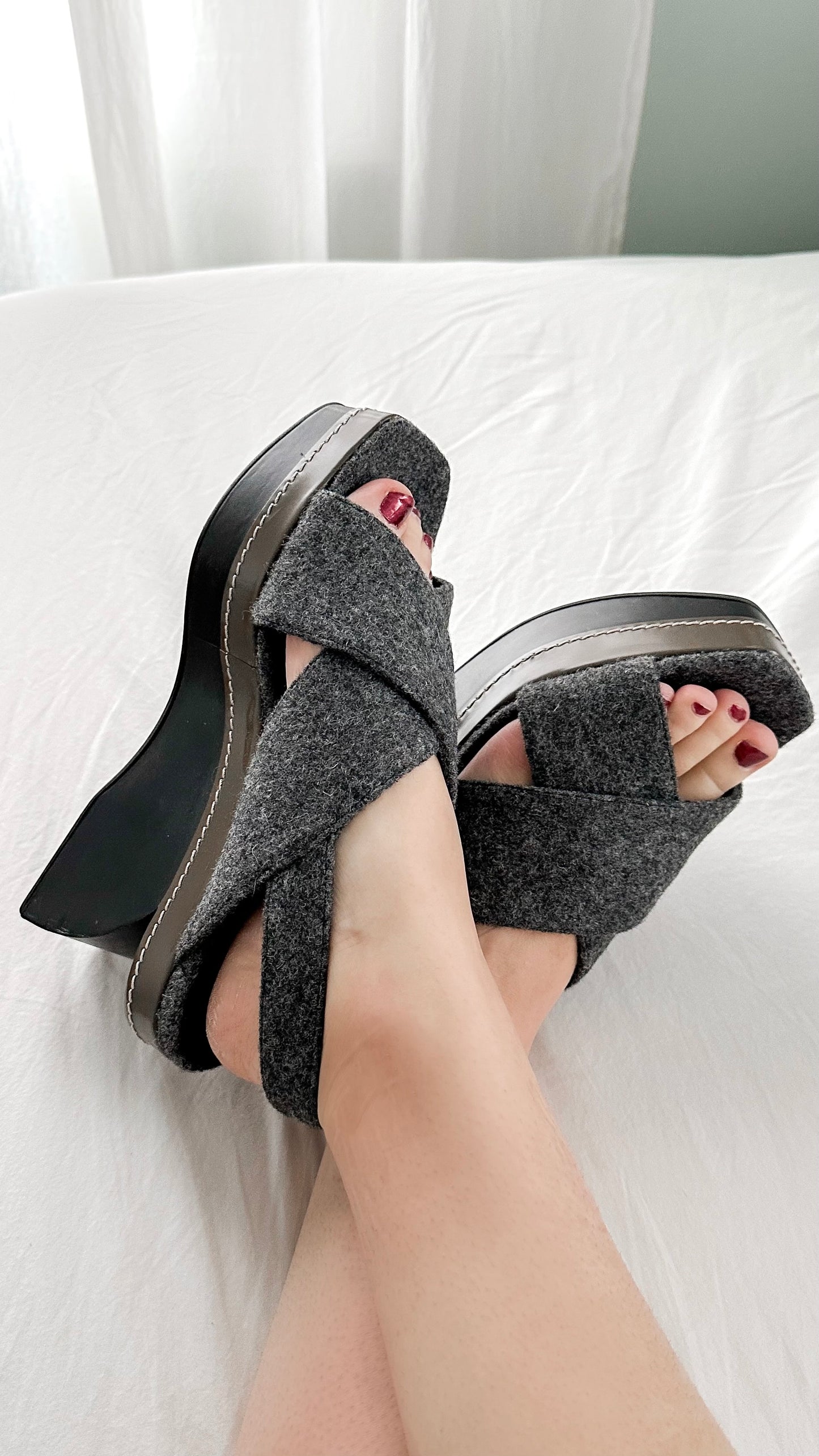 Marni Gray Wool Felt Cross Front Square Toe Sculptural Wedges (39 or 8.5)