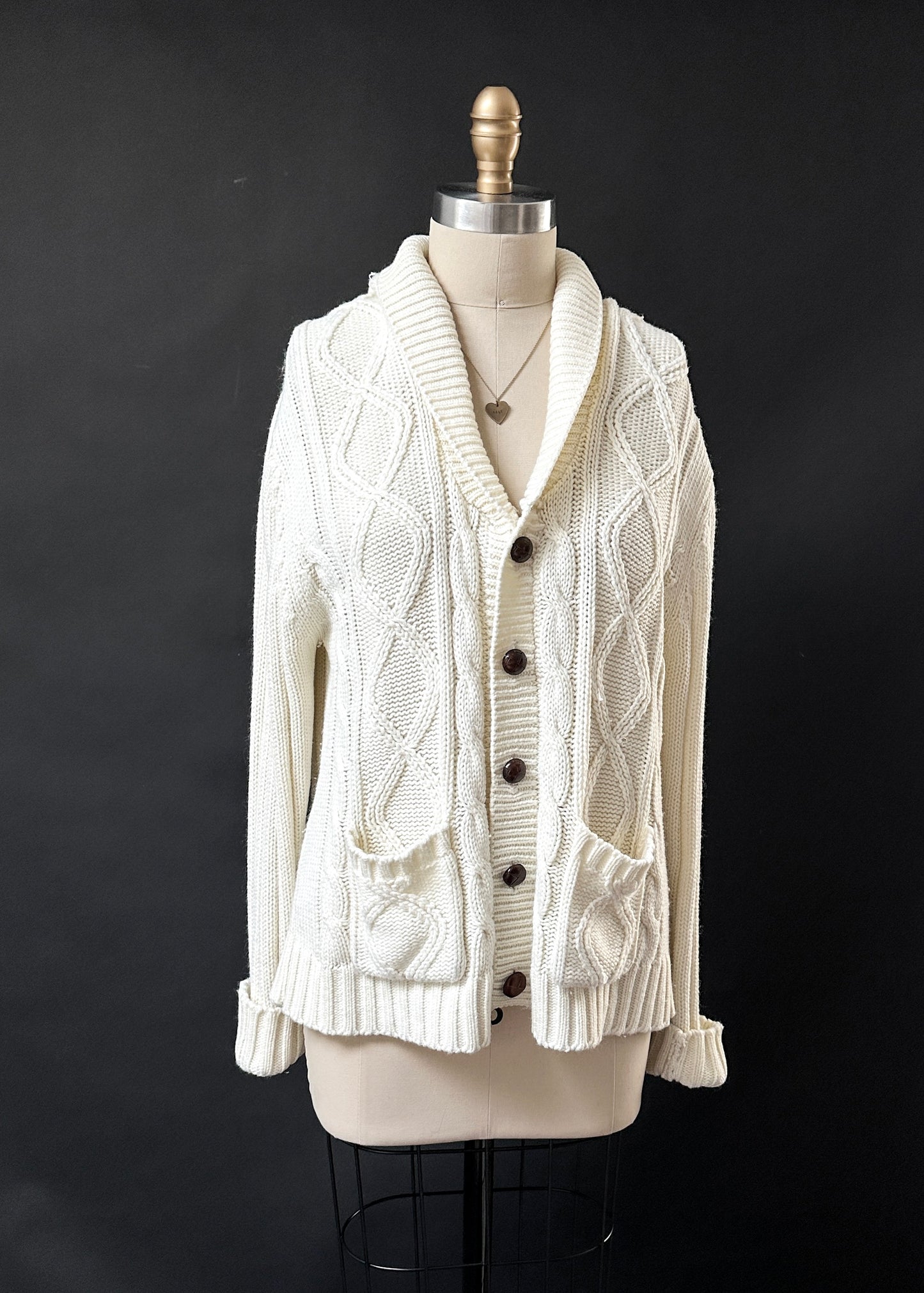 Vintage 70s Sears Cream Acrylic Fisherman’s Sweater Cardigan