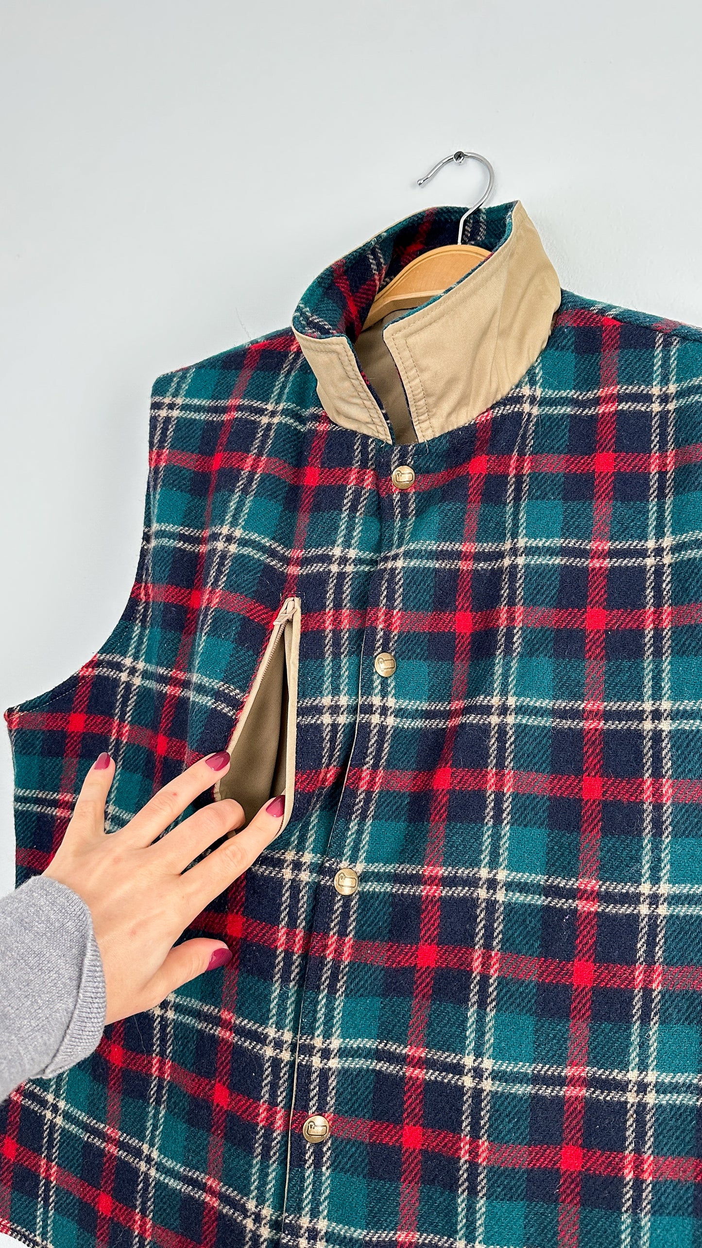 Vintage 80s Woolrich Fisherman Aesthetic Reversible Plaid Wool Canvas Utility Vest (mens L)