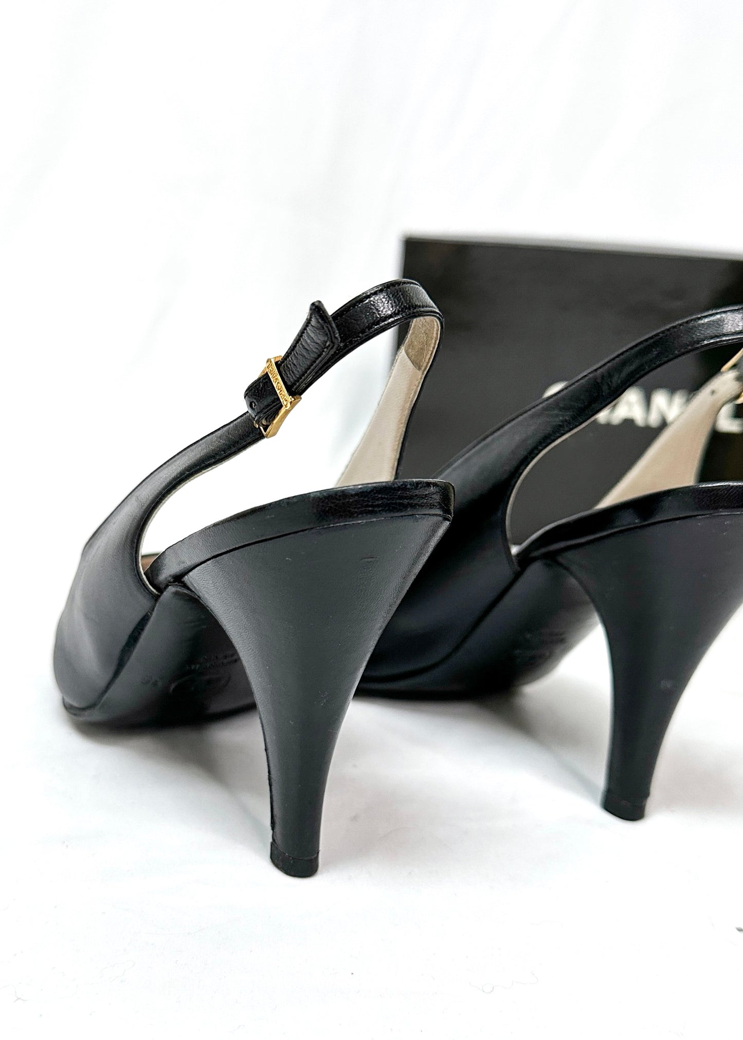 Vintage Chanel Black Leather Cap Toe Slingback Heels (38)