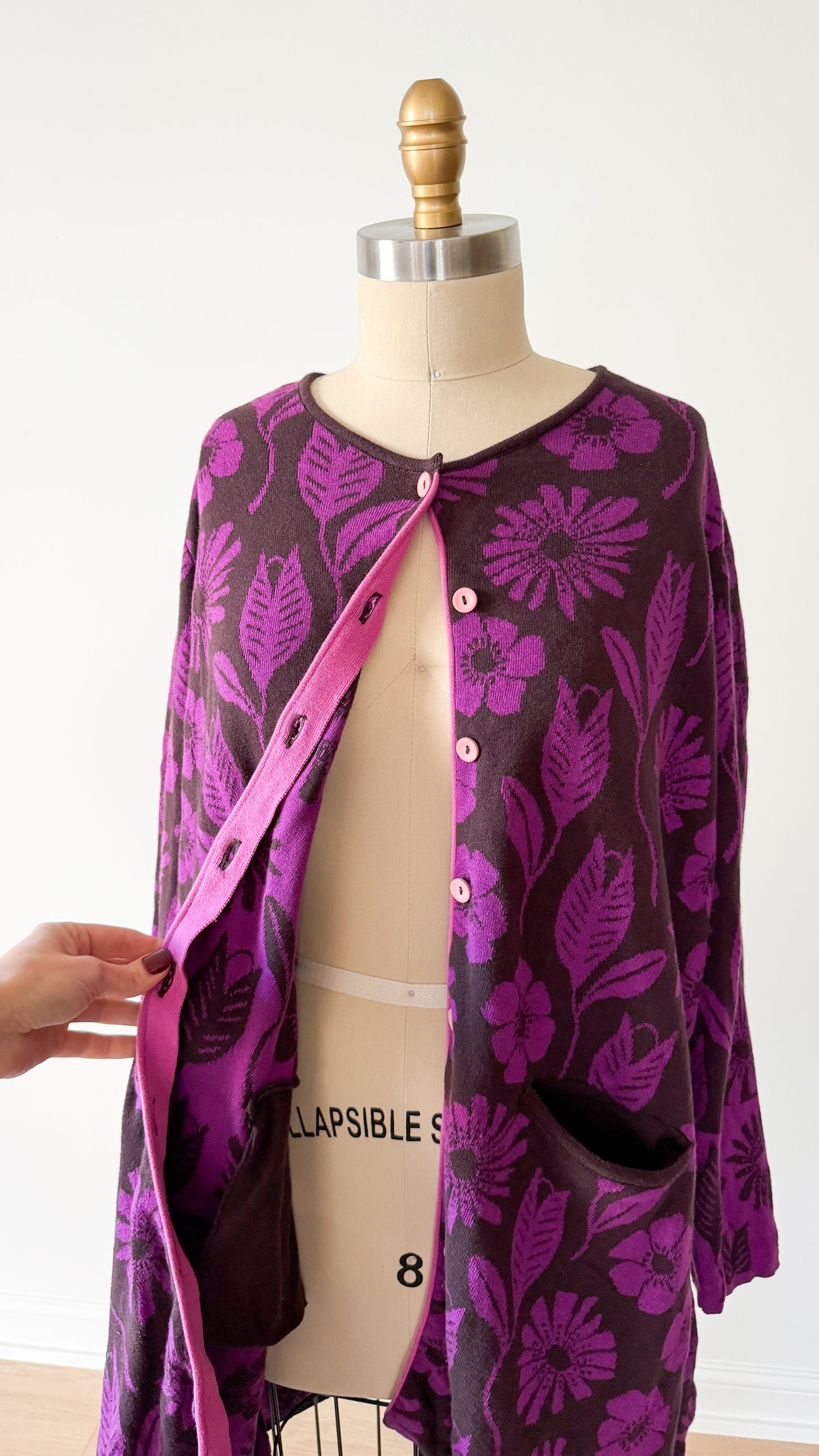 Gudrun Sjoden Purple & Brown Floral Cotton Long Cardigan Jacket (L)