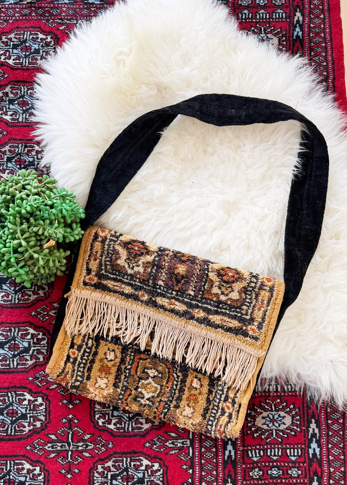 Vintage 70s Golden Yellow Brown Tapestry Fringe Trim Shoulder Purse