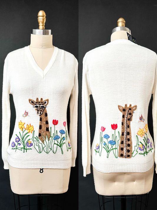 Vintage 60s/70s Cyn Les Shirlee Cream Giraffe Embroidered Knit Top (S)