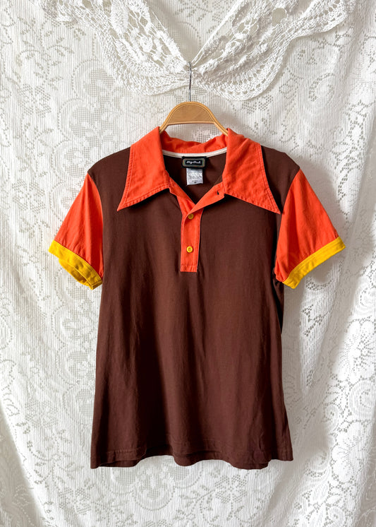 Big Bud Press Peanut Butter Cup Brown Orange Yellow Colorblock Polo Top (M)