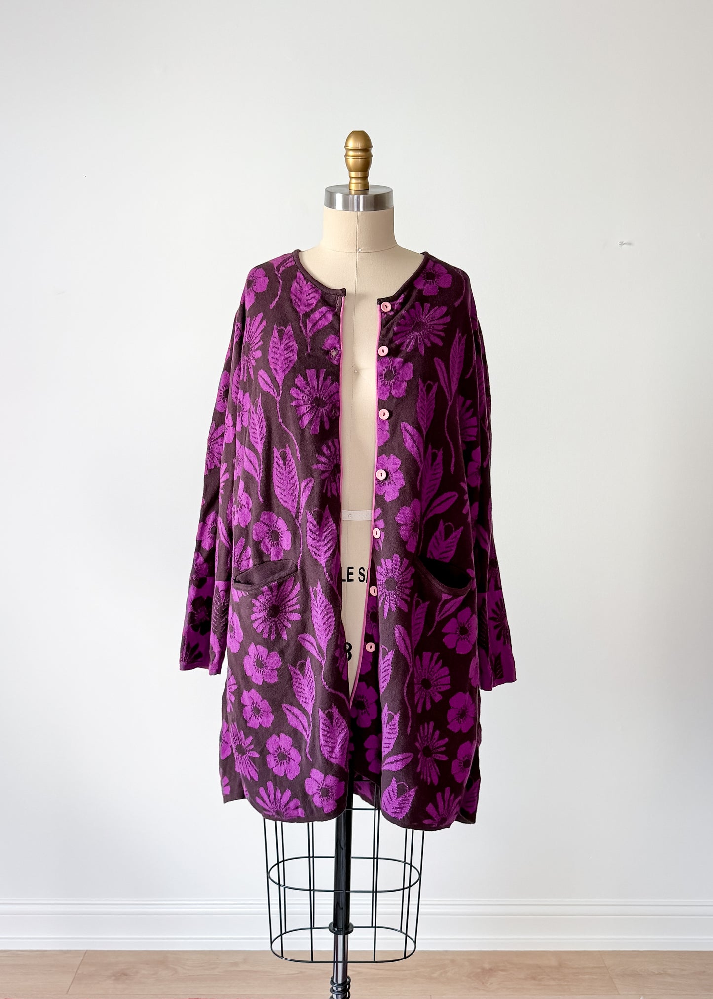 Gudrun Sjoden Purple & Brown Floral Cotton Long Cardigan Jacket (L)