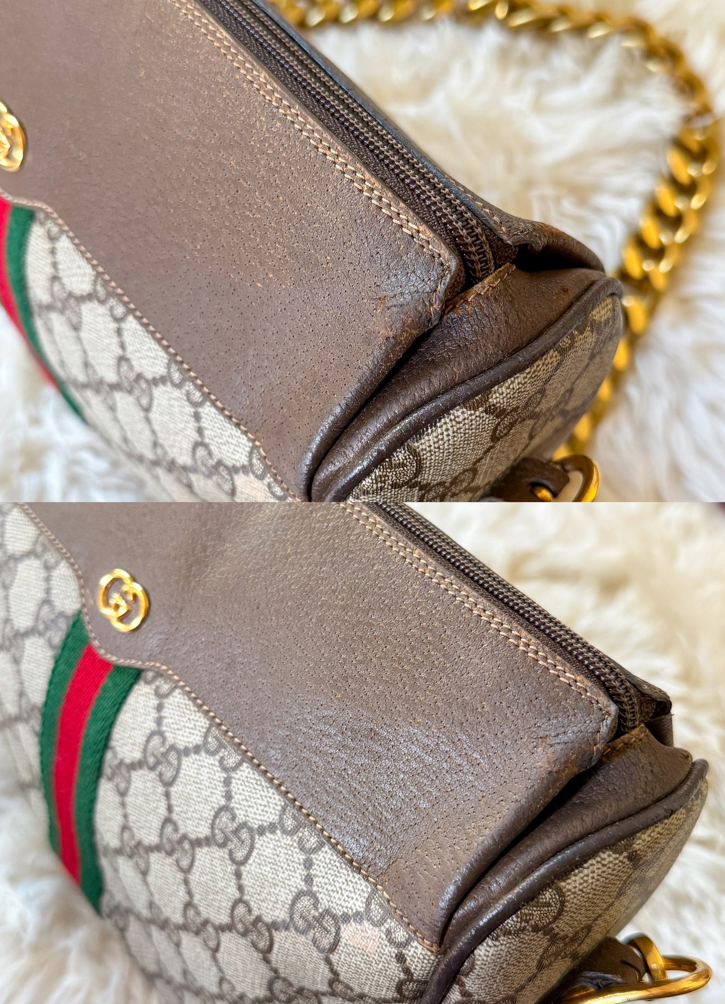 Vintage 80s Gucci Sherry Line GG Brown Shoulder Bag Purse + Gold Shoulder Chain