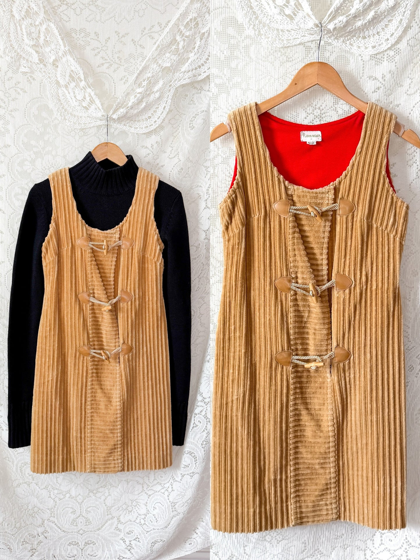 Vintage 70s John Meyer Tan Corduroy Toggle Jumper Dress