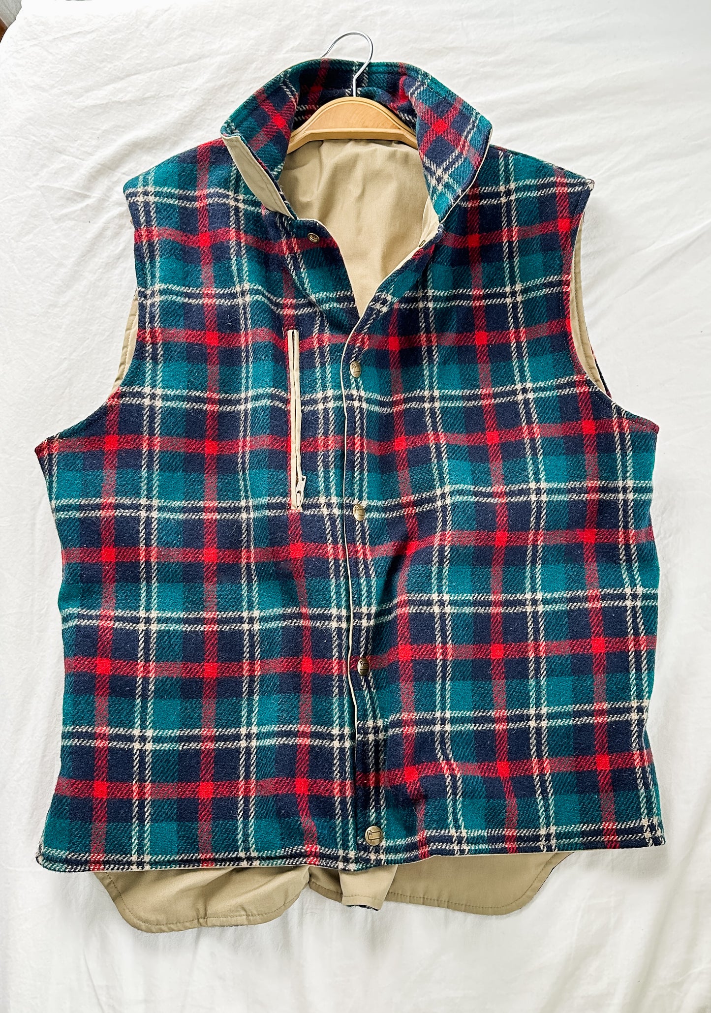 Vintage 80s Woolrich Fisherman Aesthetic Reversible Plaid Wool Canvas Utility Vest (mens L)